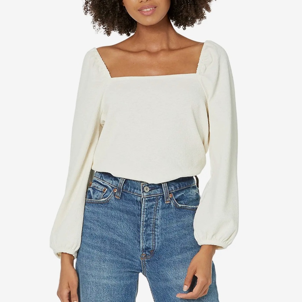 Madewell Crepe Square-Neck Puff-Sleeve Top in Cream